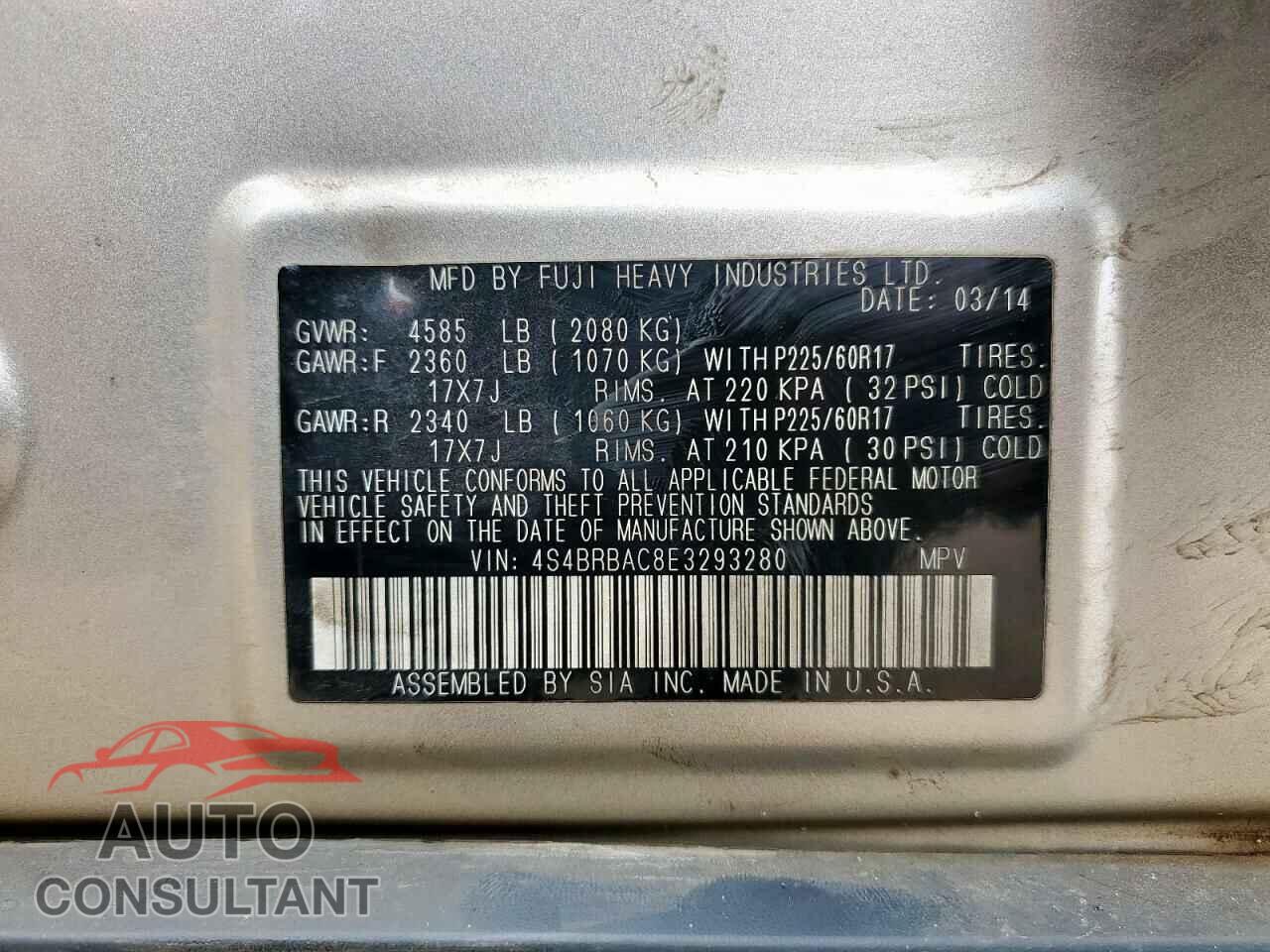 SUBARU OUTBACK 2014 - 4S4BRBAC8E3293280