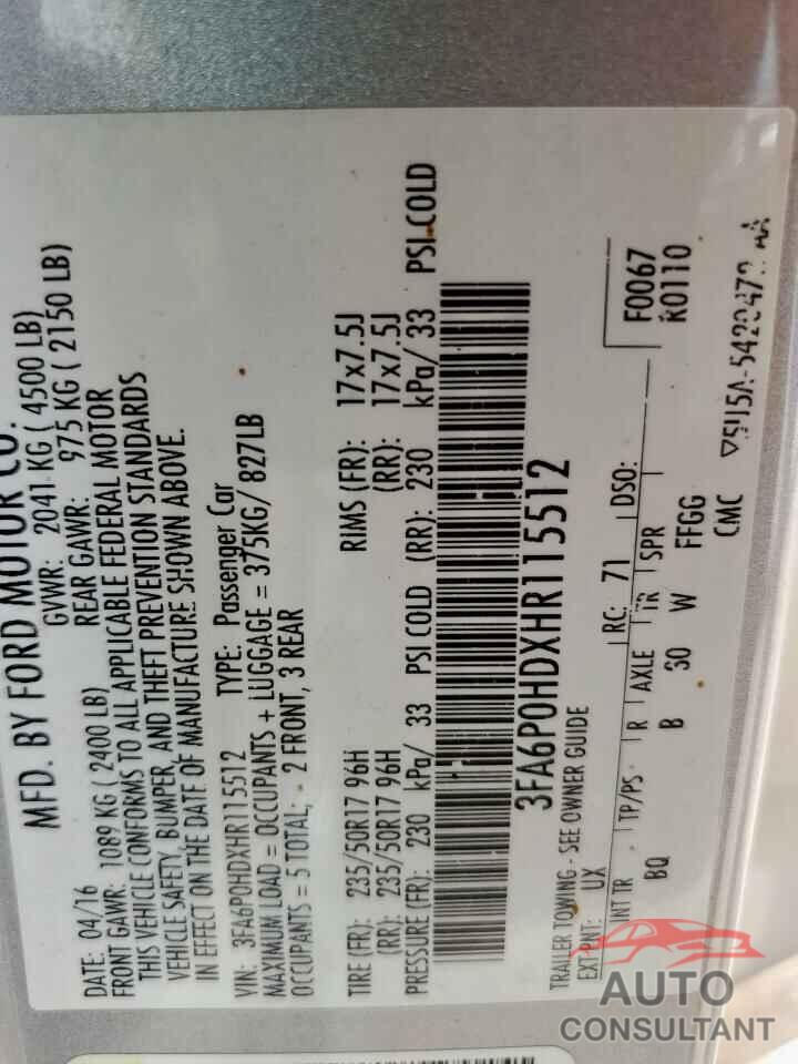 FORD FUSION 2017 - 3FA6P0HDXHR115512