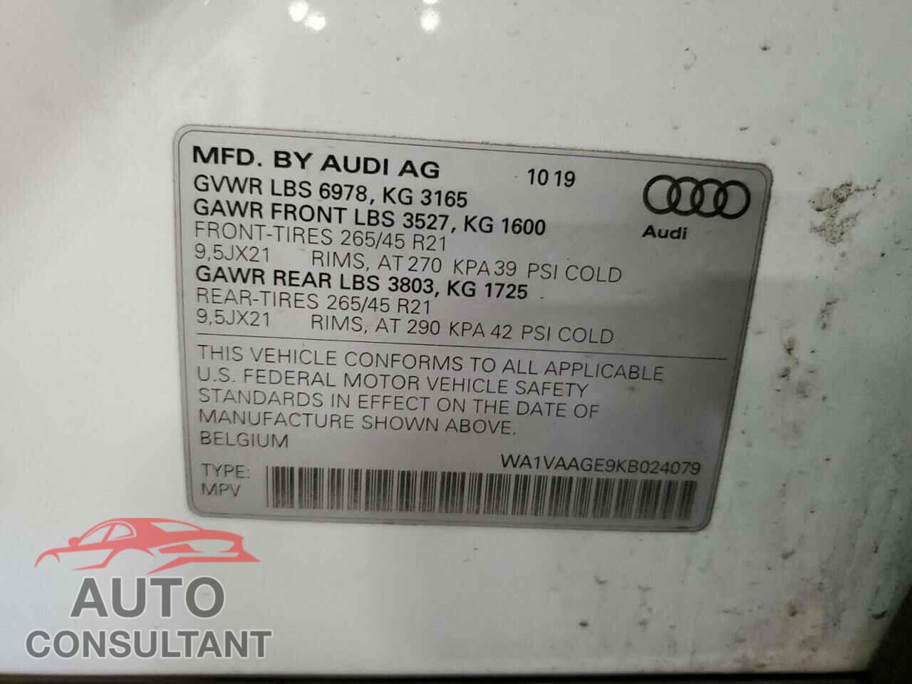 AUDI E-TRON 2019 - WA1VAAGE9KB024079