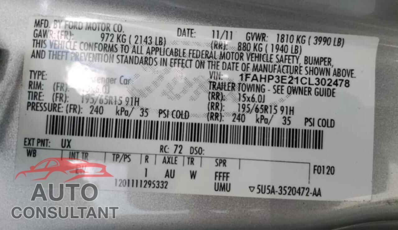 FORD FOCUS 2012 - 1FAHP3E21CL302478