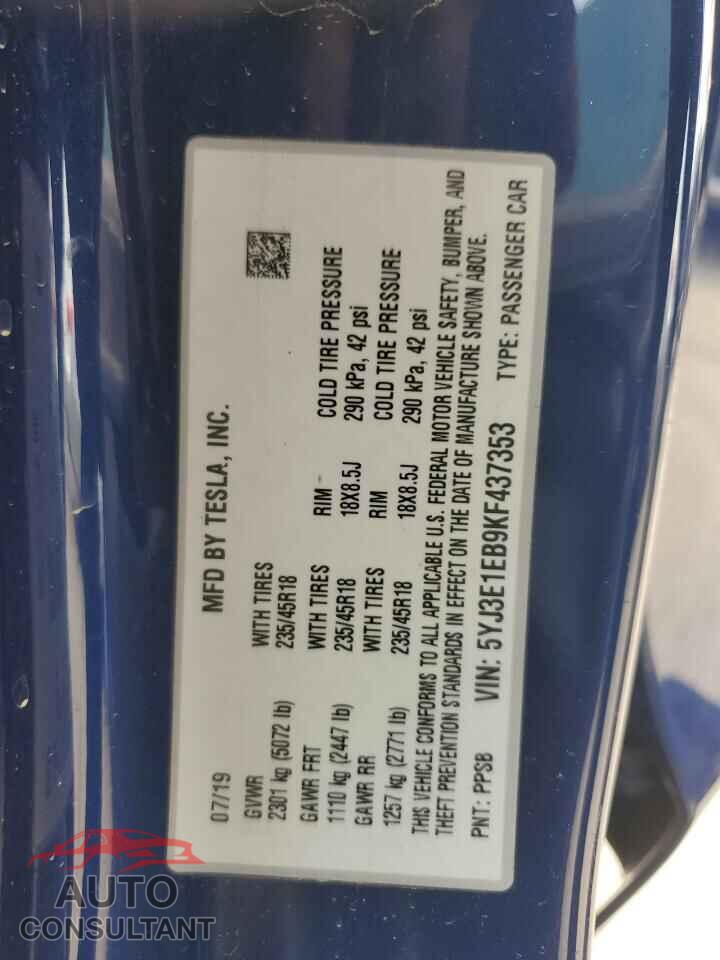 TESLA MODEL 3 2019 - 5YJ3E1EB9KF437353