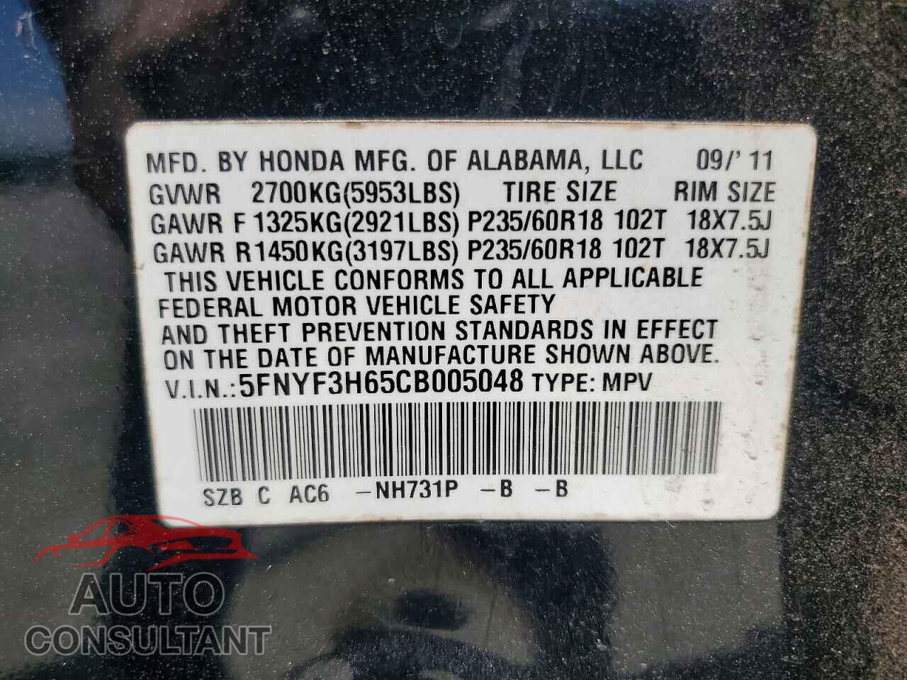 HONDA PILOT 2012 - 5FNYF3H65CB005048