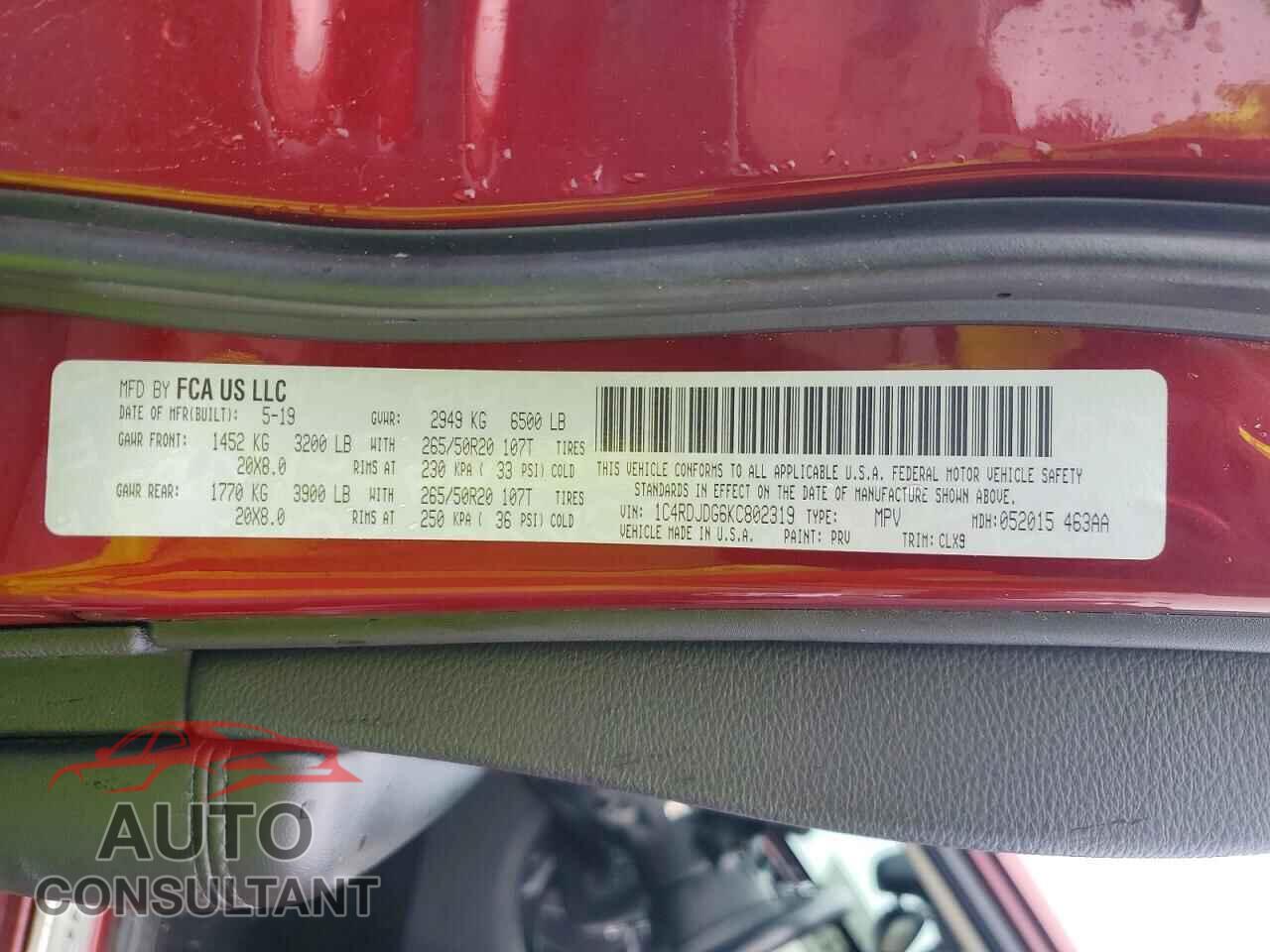 DODGE DURANGO 2019 - 1C4RDJDG6KC802319