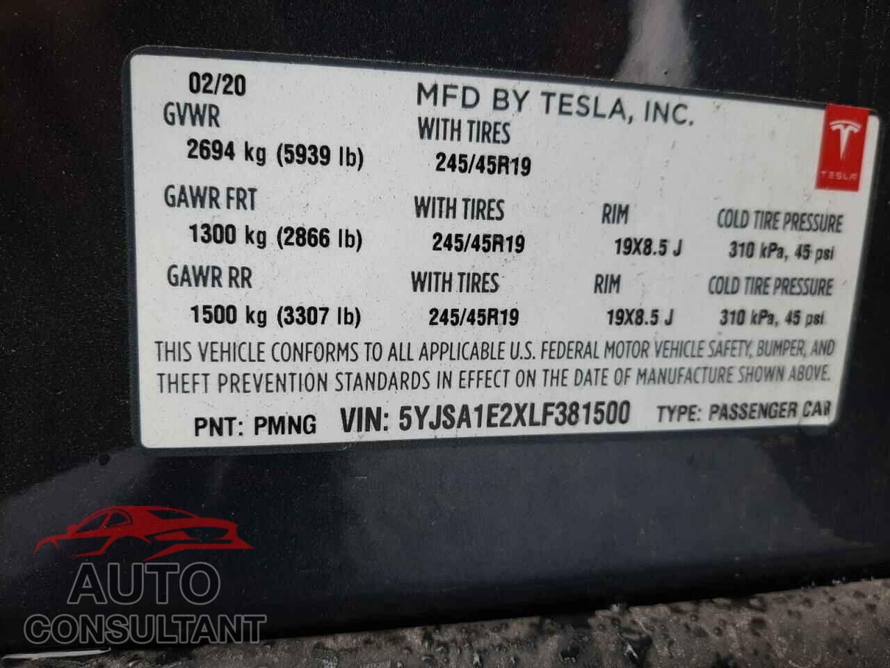 TESLA MODEL S 2020 - 5YJSA1E2XLF381500
