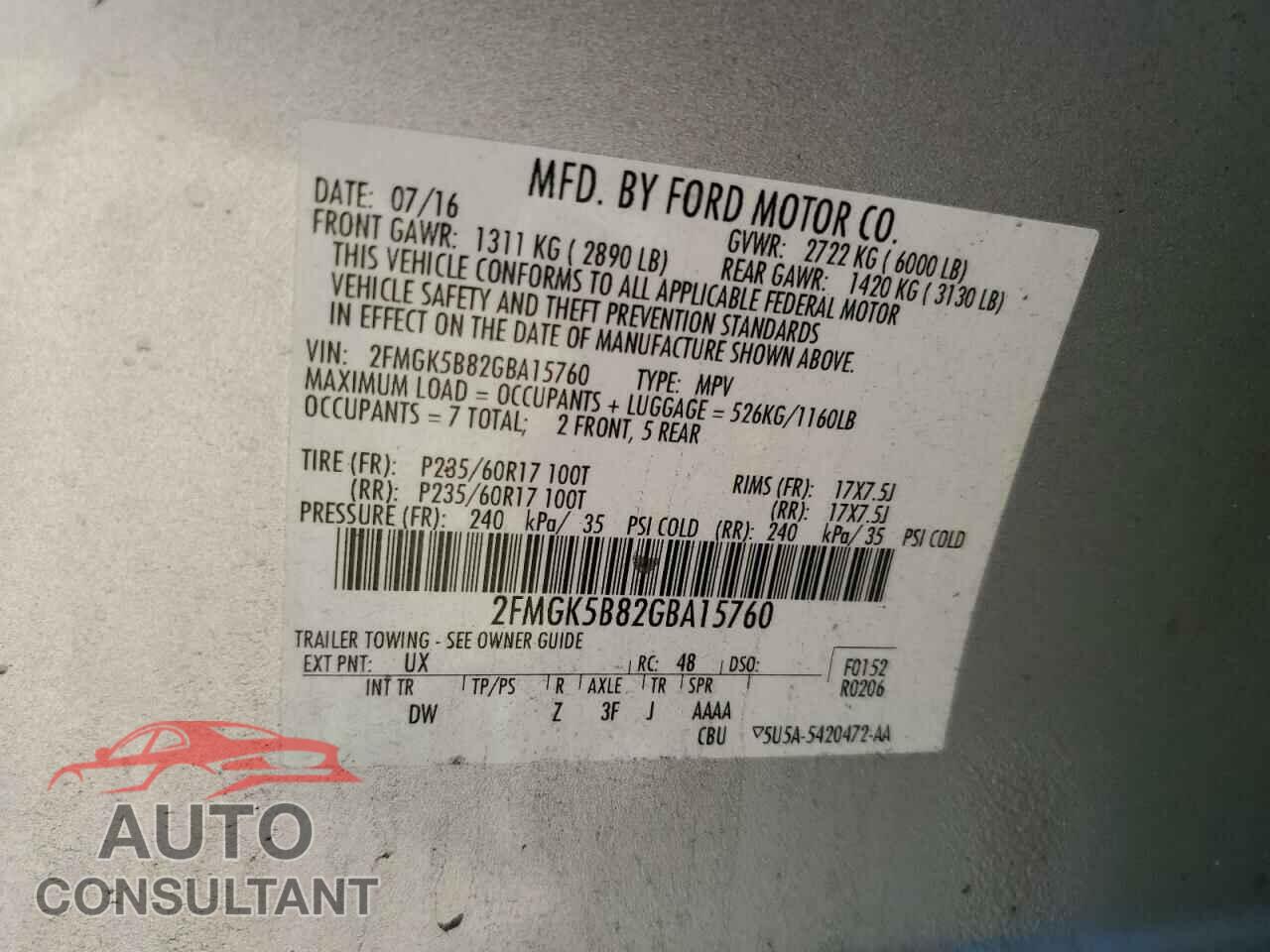 FORD FLEX 2016 - 2FMGK5B82GBA15760