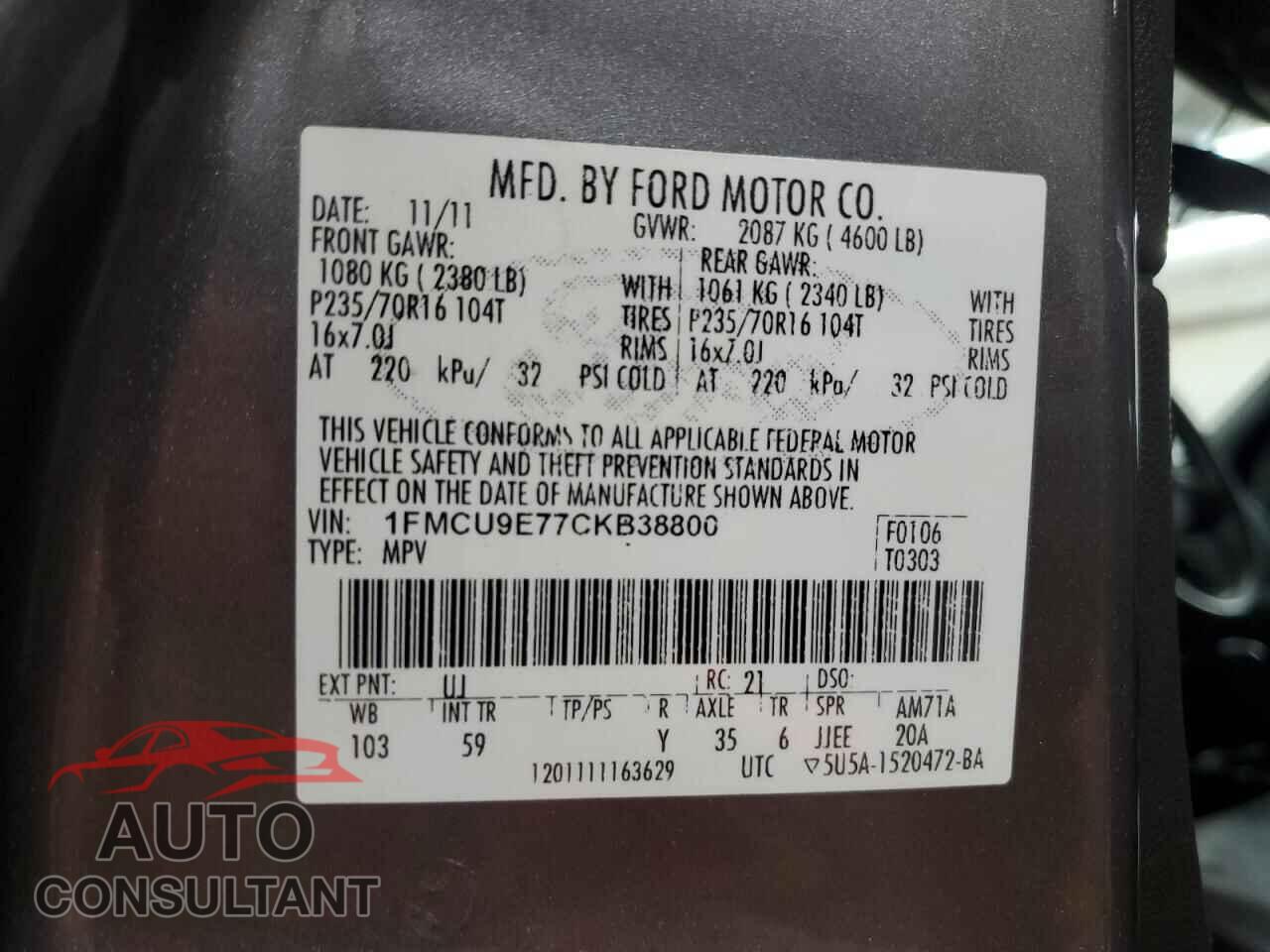 FORD ESCAPE 2012 - 1FMCU9E77CKB38800