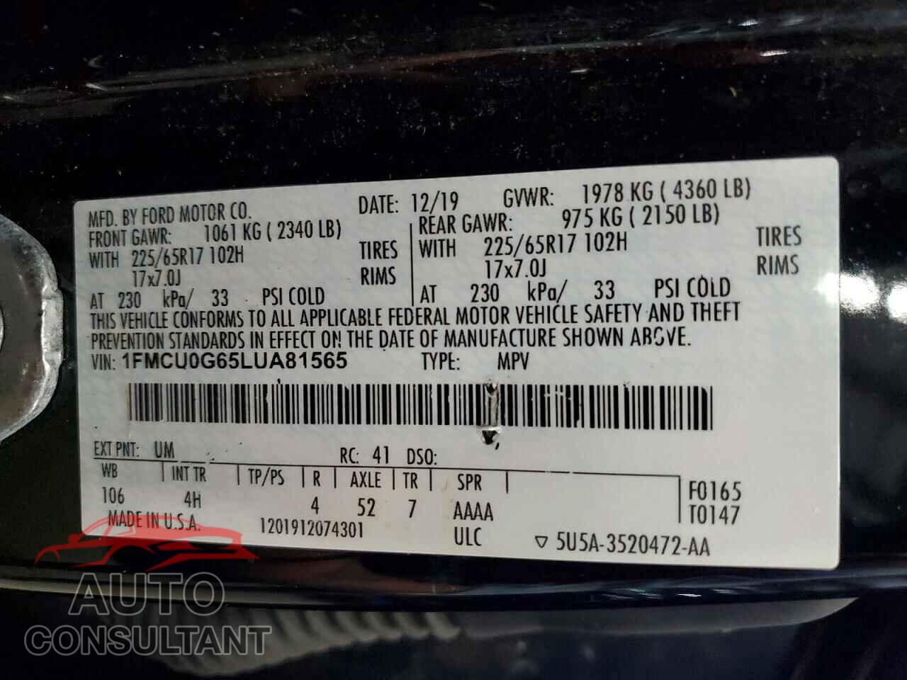 FORD ESCAPE 2020 - 1FMCU0G65LUA81565