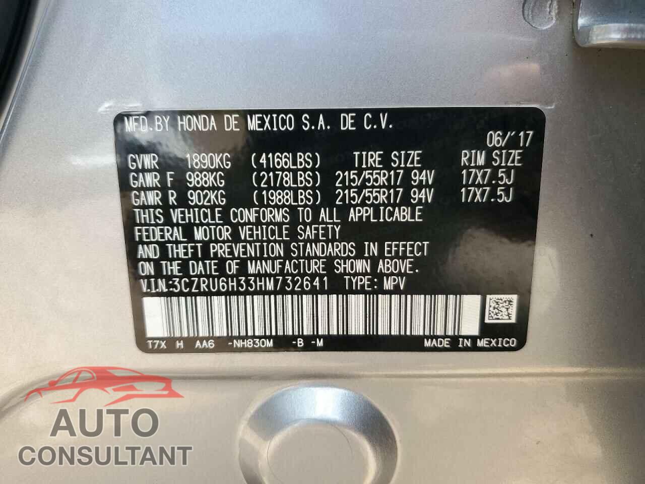 HONDA HR-V 2017 - 3CZRU6H33HM732641