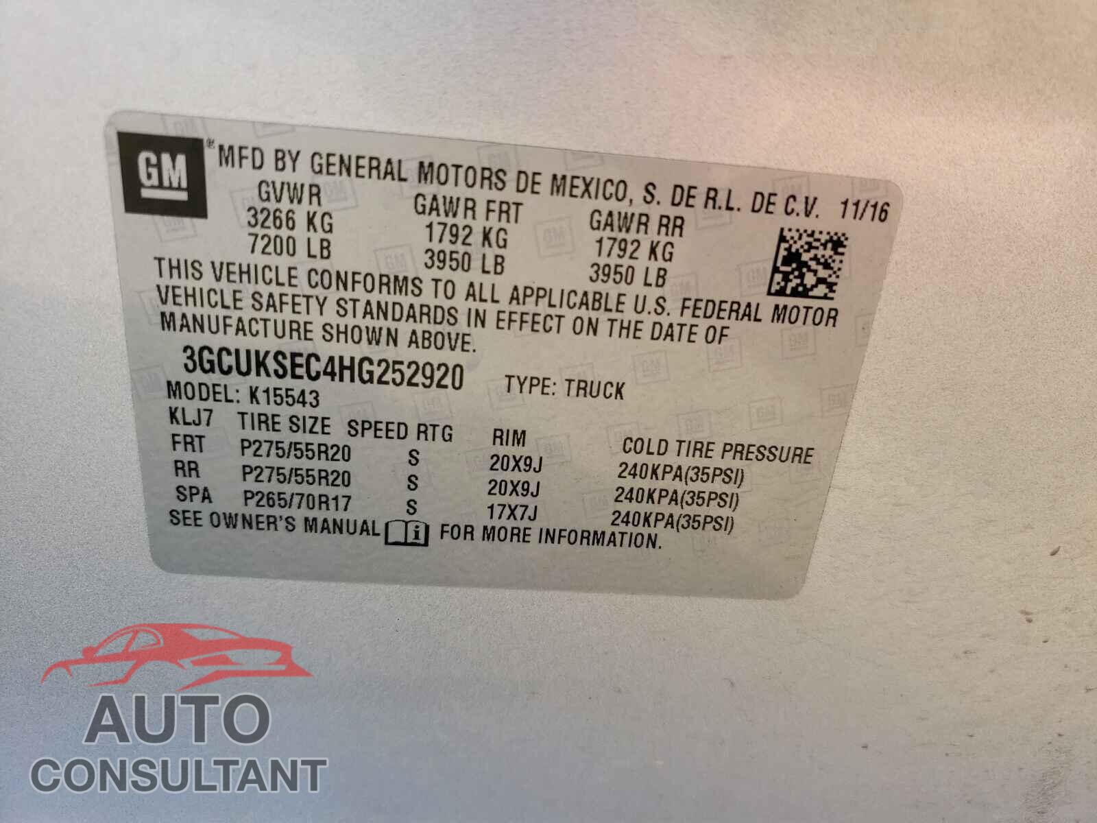 CHEVROLET SILVERADO 2017 - 3GCUKSEC4HG252920