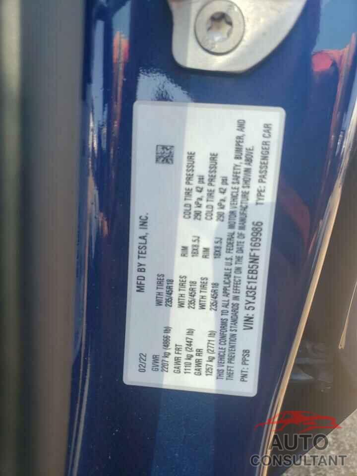 TESLA MODEL 3 2022 - 5YJ3E1EB5NF169986