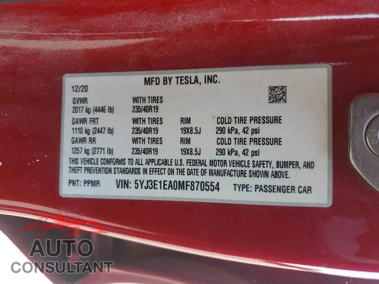 TESLA MODEL 3 2021 - 5YJ3E1EA0MF870554