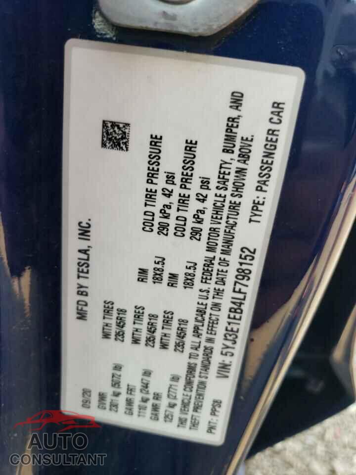 TESLA MODEL 3 2020 - 5YJ3E1EB4LF798152