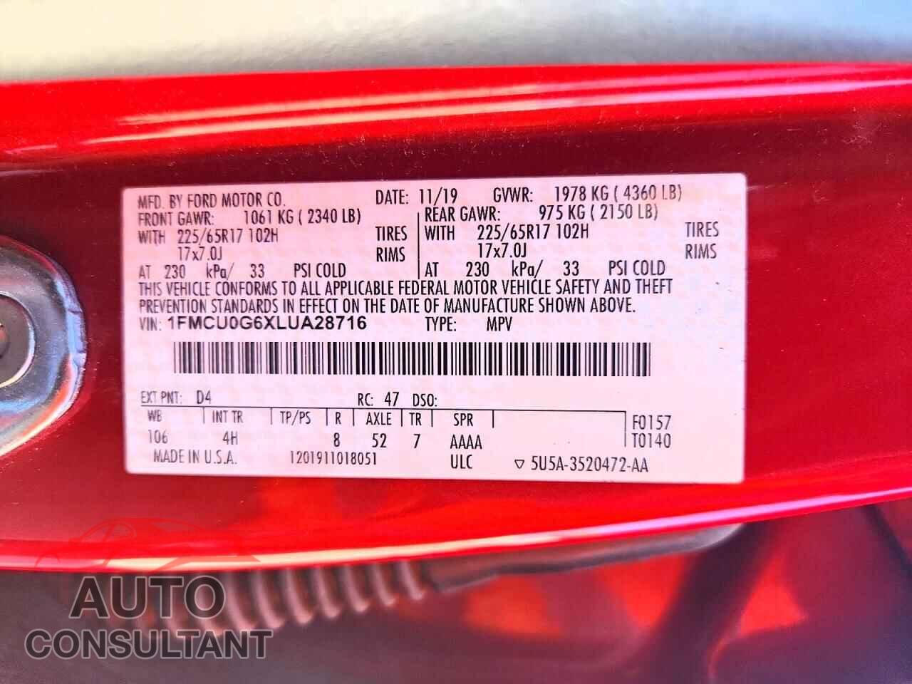FORD ESCAPE 2020 - 1FMCU0G6XLUA28716