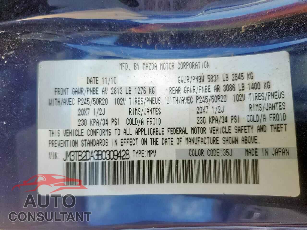 MAZDA CX-9 2011 - JM3TB2DA3B0309428