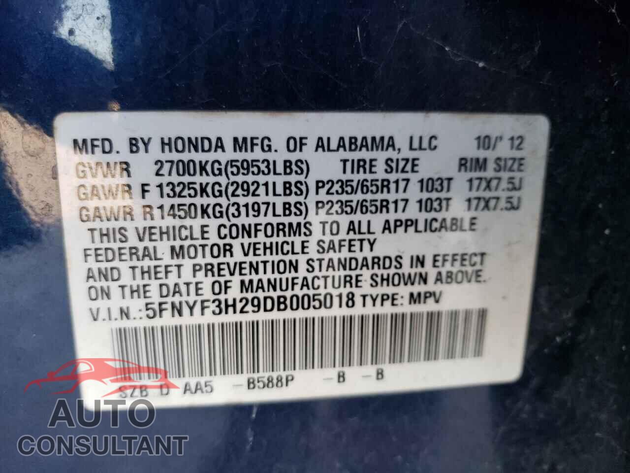 HONDA PILOT 2013 - 5FNYF3H29DB005018