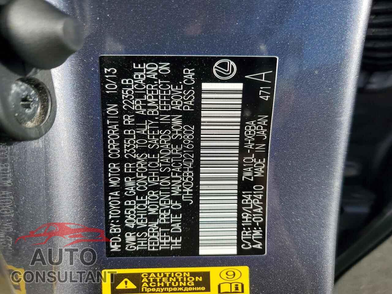 LEXUS CT 200 2013 - JTHKD5BH4D2169802
