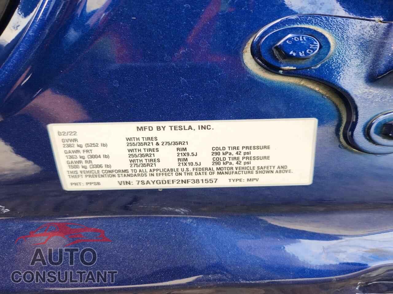 TESLA MODEL Y 2022 - 7SAYGDEF2NF381557