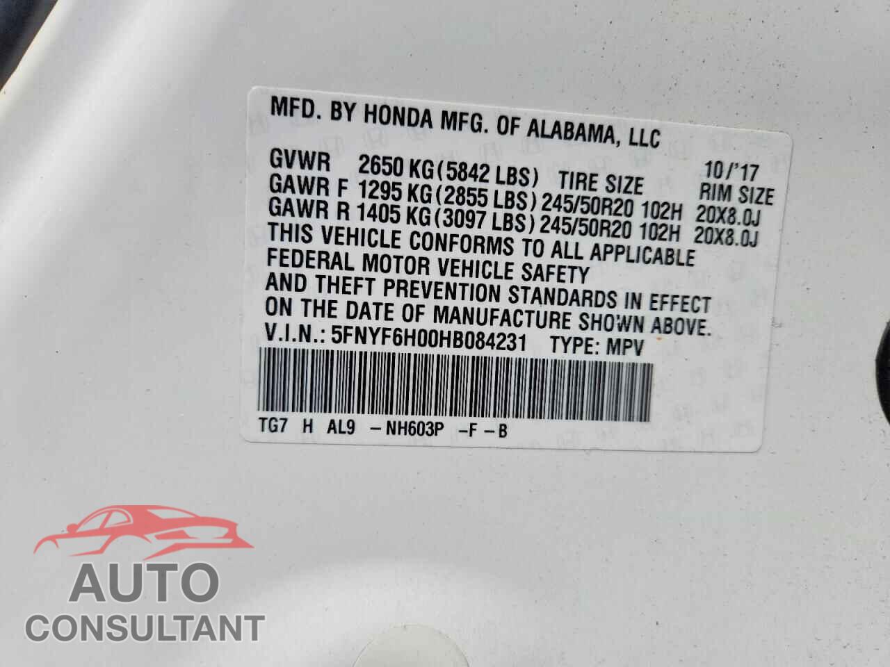 HONDA PILOT 2017 - 5FNYF6H00HB084231