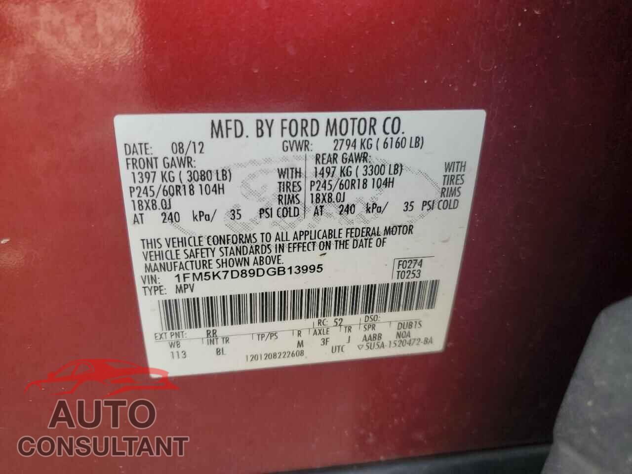 FORD EXPLORER 2013 - 1FM5K7D89DGB13995