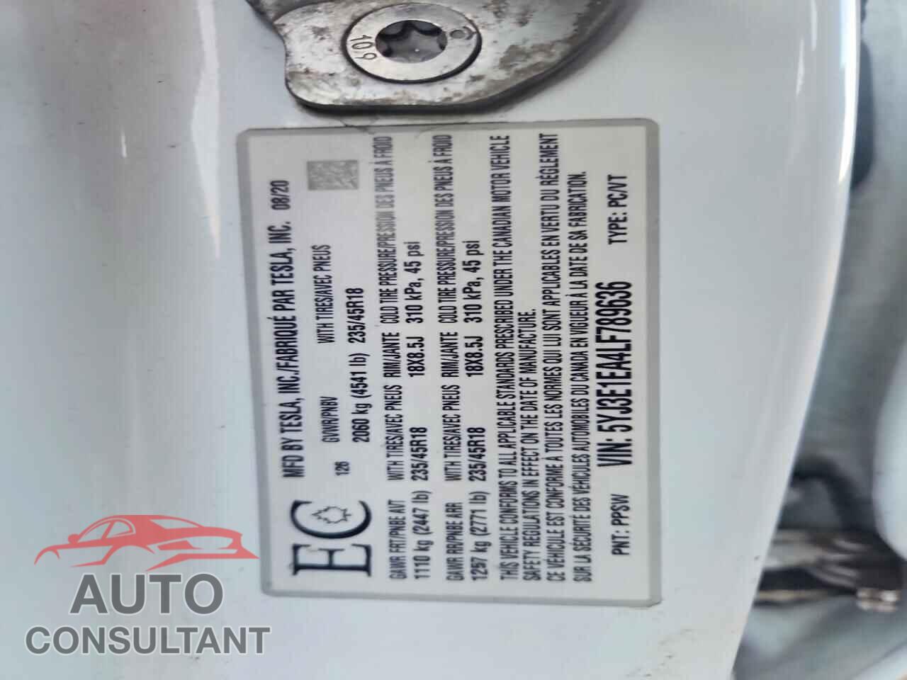 TESLA MODEL 3 2020 - 5YJ3E1EA4LF789636