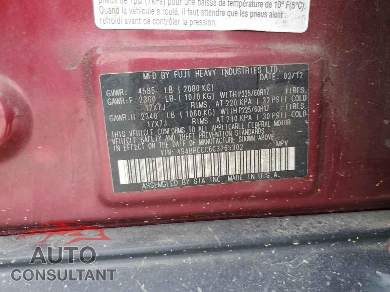 SUBARU OUTBACK 2012 - 4S4BRCCC6C3265302
