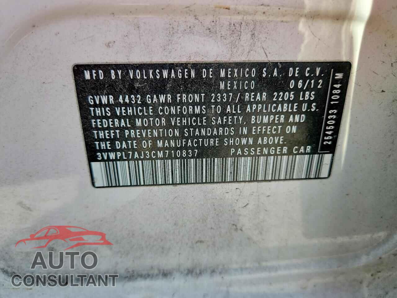 VOLKSWAGEN JETTA 2012 - 3VWPL7AJ3CM710837