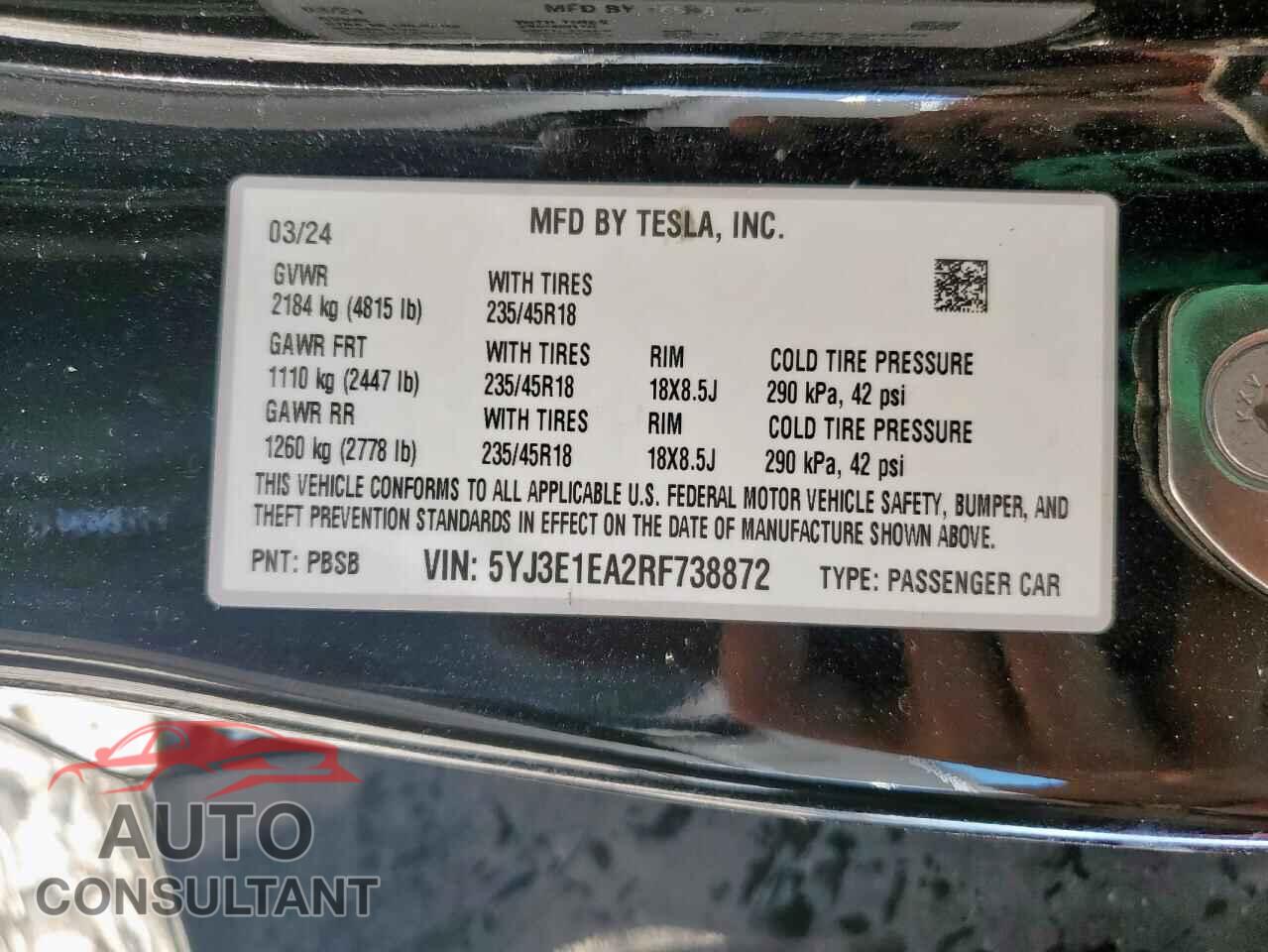 TESLA MODEL 3 2024 - 5YJ3E1EA2RF738872