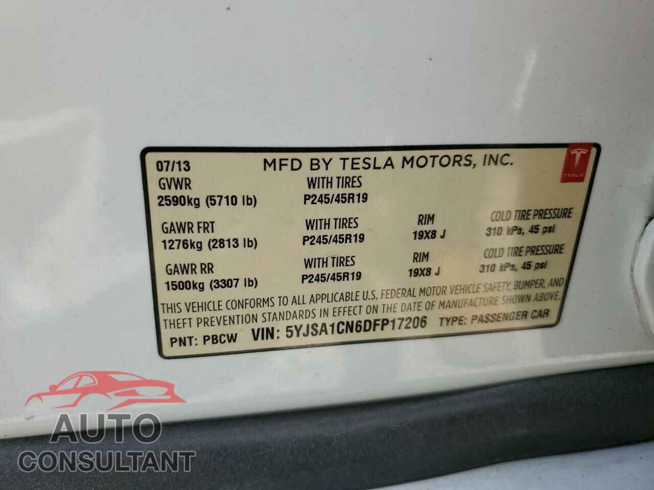 TESLA MODEL S 2013 - 5YJSA1CN6DFP17206