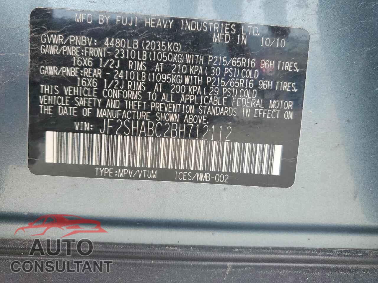 SUBARU FORESTER 2011 - JF2SHABC2BH712112