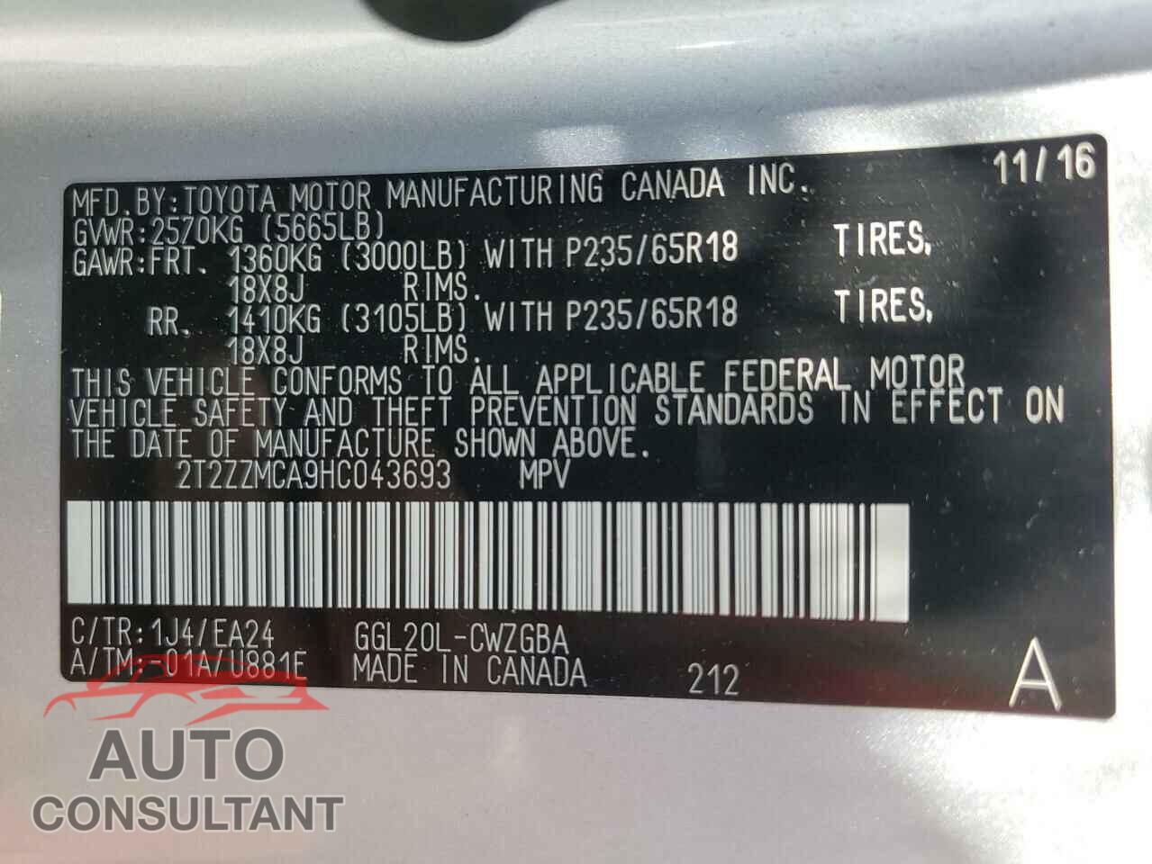 LEXUS RX350 2017 - 2T2ZZMCA9HC043693