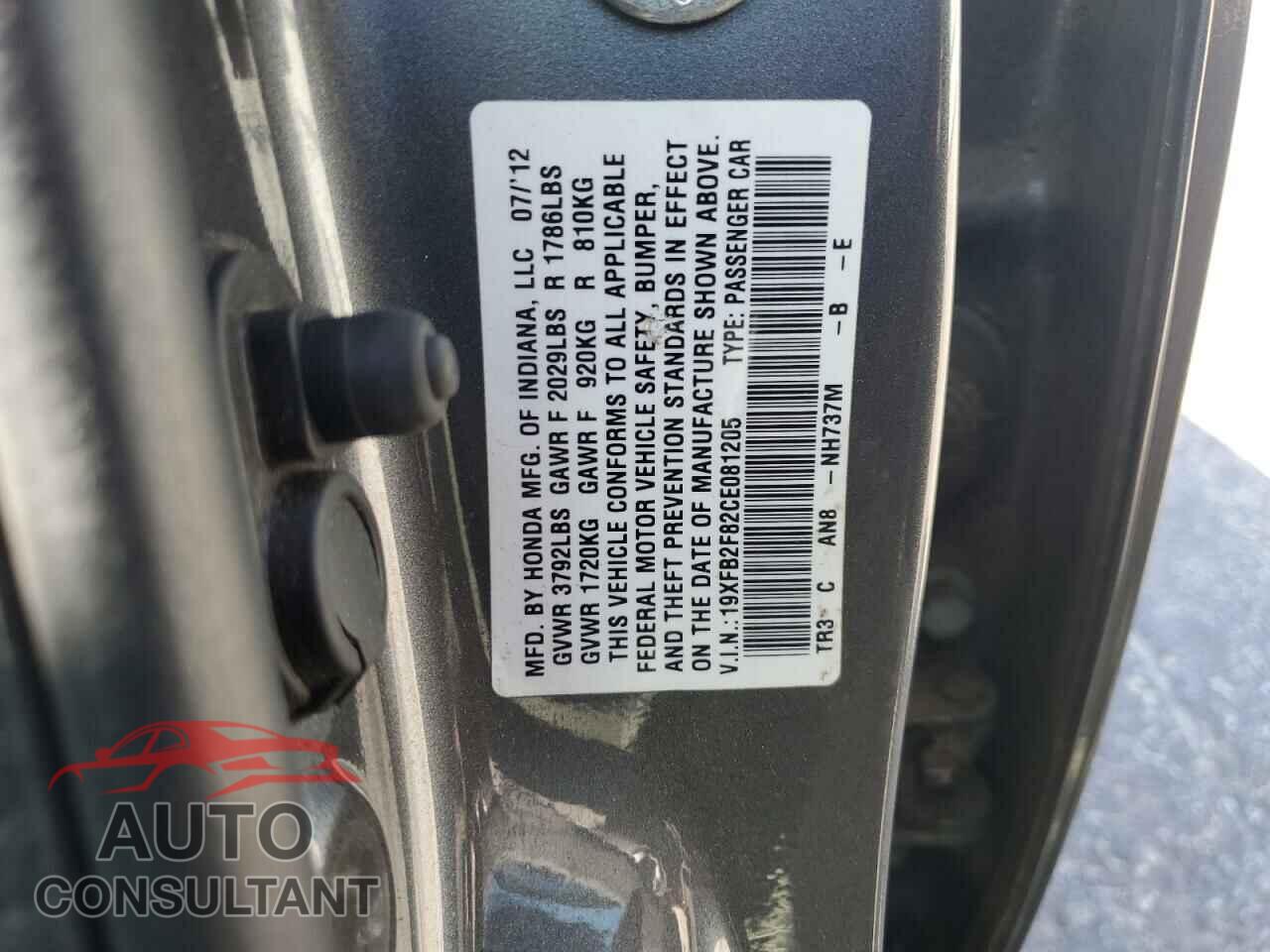 HONDA CIVIC 2012 - 19XFB2F82CE081205