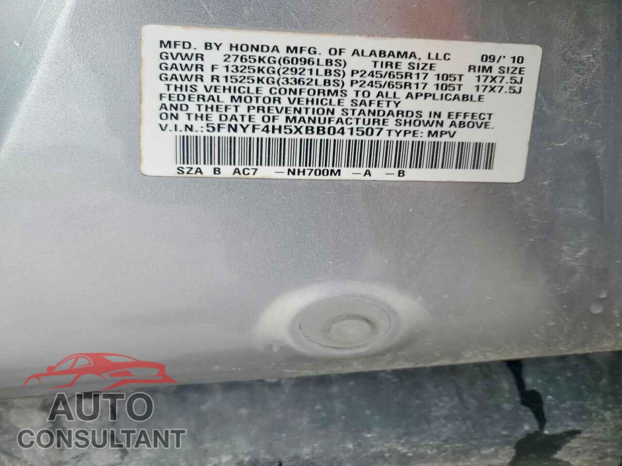 HONDA PILOT 2011 - 5FNYF4H5XBB041507