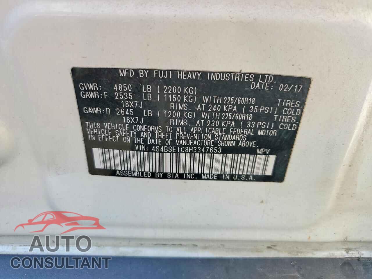 SUBARU OUTBACK 2017 - 4S4BSETC8H3347653