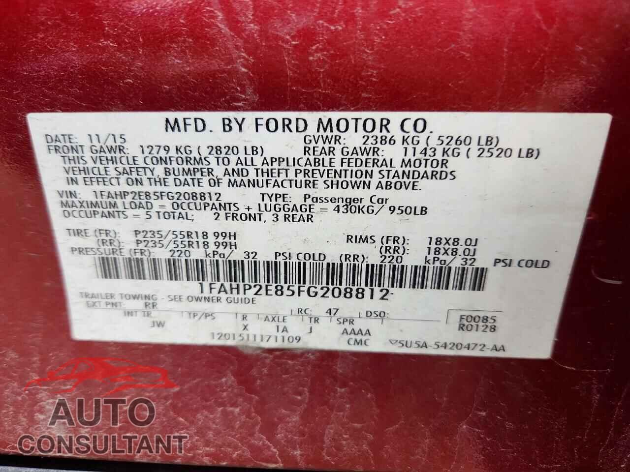 FORD TAURUS 2015 - 1FAHP2E85FG208812