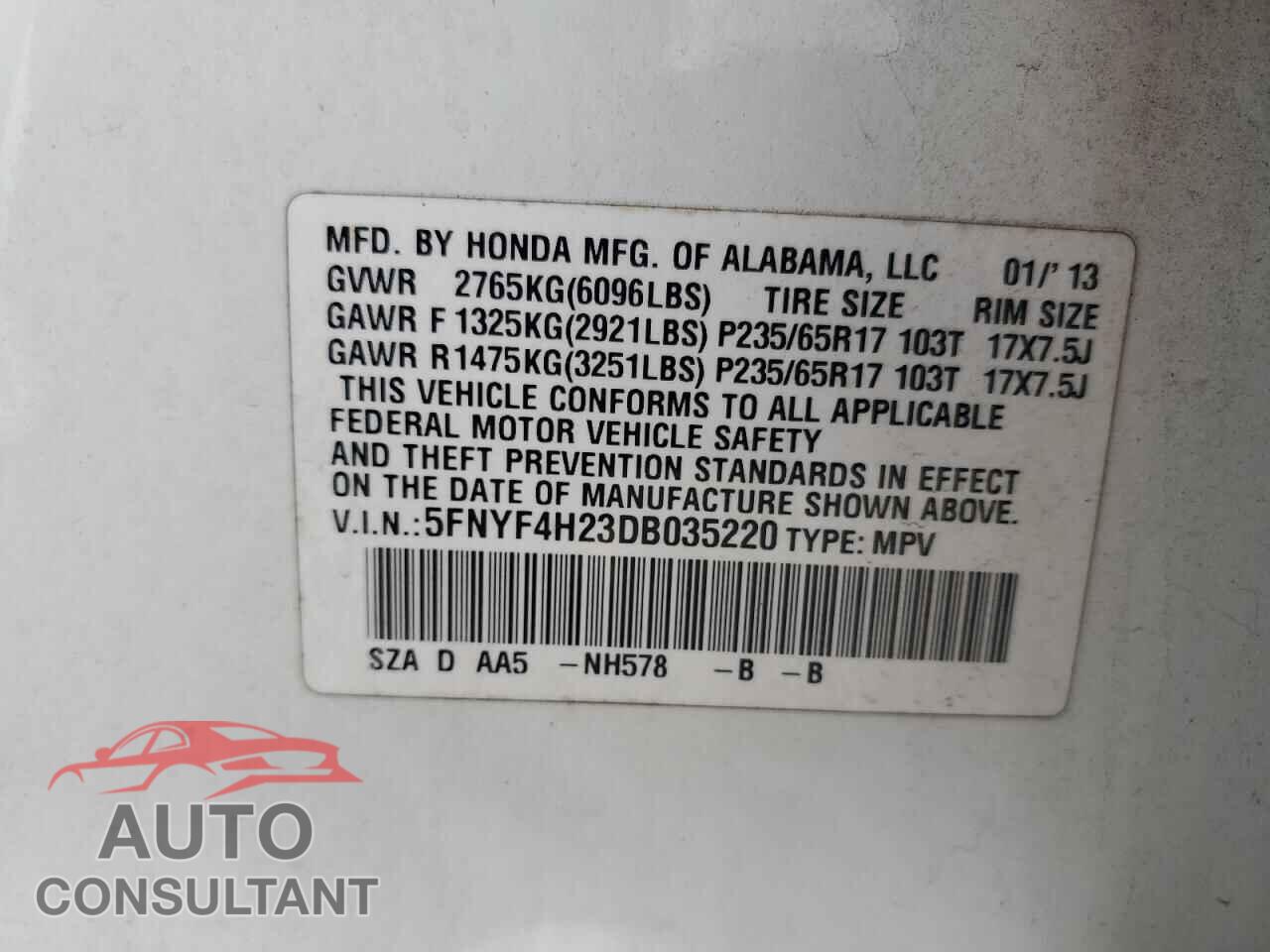 HONDA PILOT 2013 - 5FNYF4H23DB035220