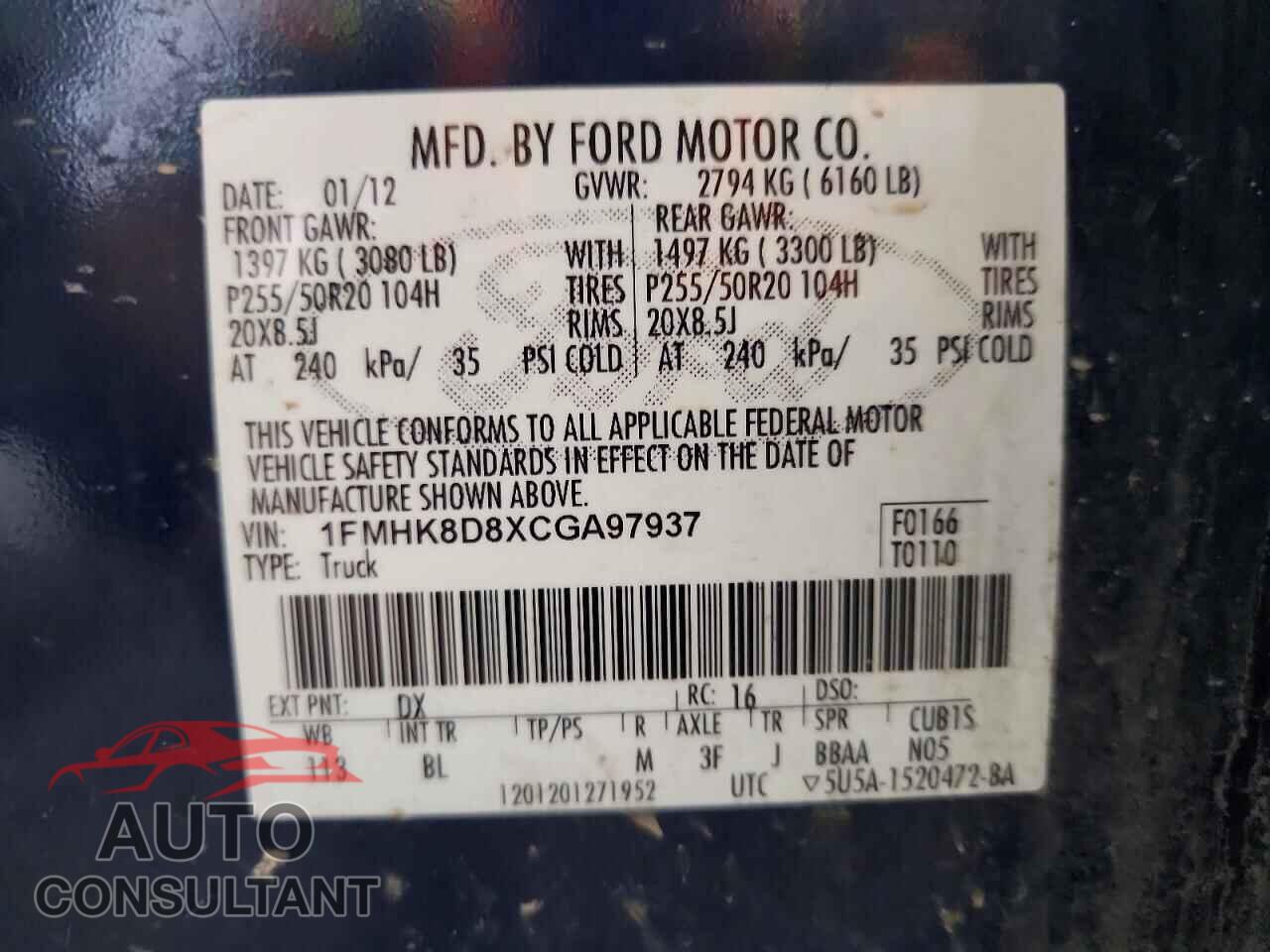 FORD EXPLORER 2012 - 1FMHK8D8XCGA97937