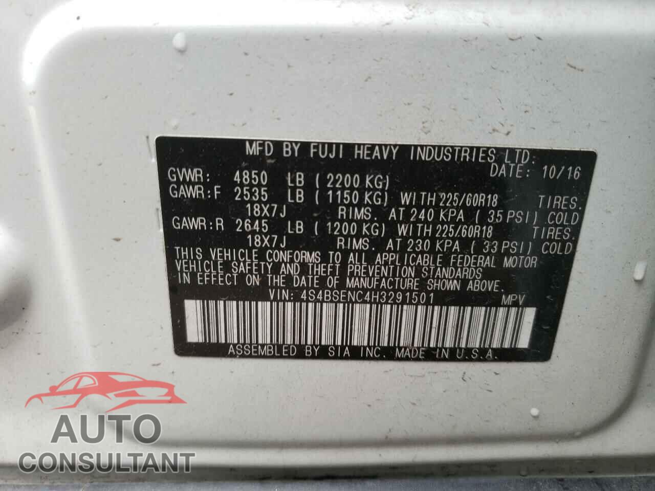 SUBARU OUTBACK 2017 - 4S4BSENC4H3291501
