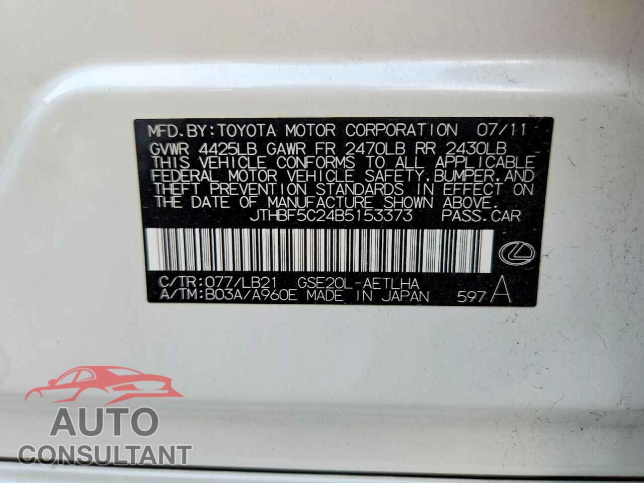 LEXUS IS 2011 - JTHBF5C24B5153373