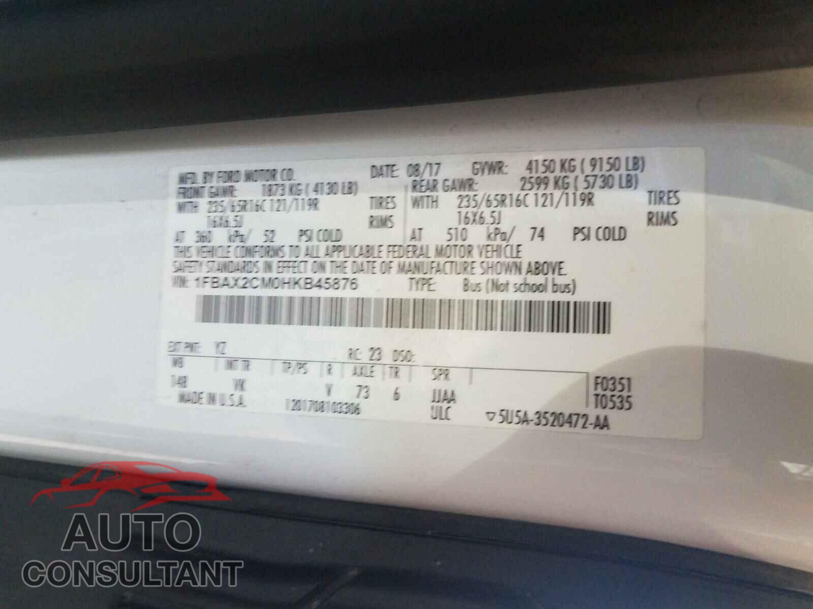 FORD TRANSIT CO 2017 - 1FBAX2CM0HKB45876