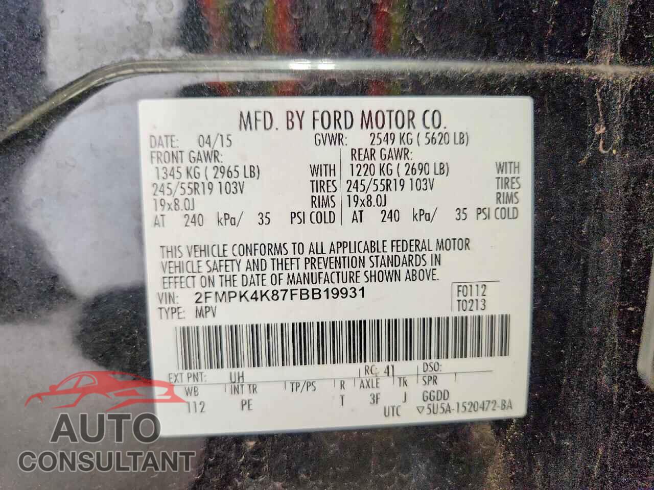 FORD EDGE 2015 - 2FMPK4K87FBB19931