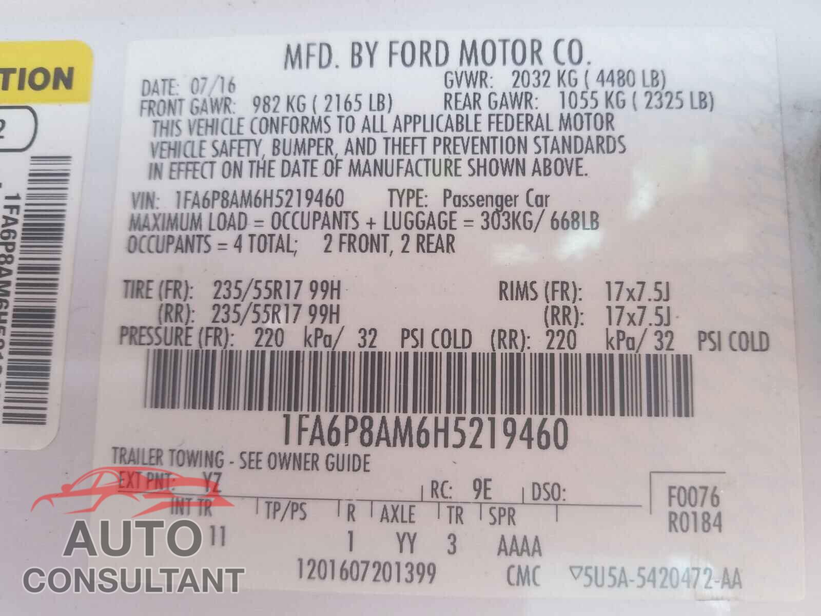 FORD MUSTANG 2017 - 1FA6P8AM6H5219460