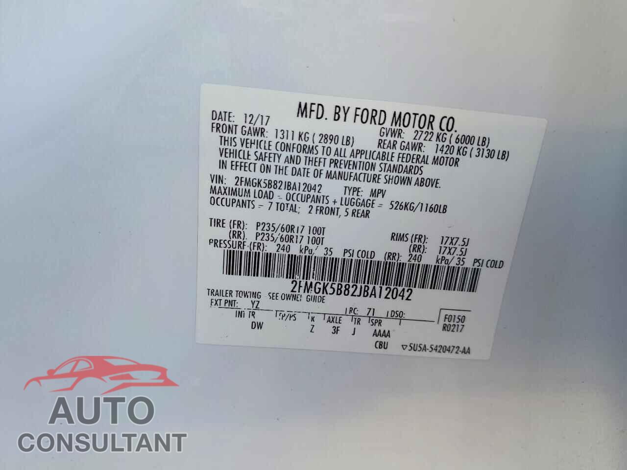 FORD FLEX 2018 - 2FMGK5B82JBA12042