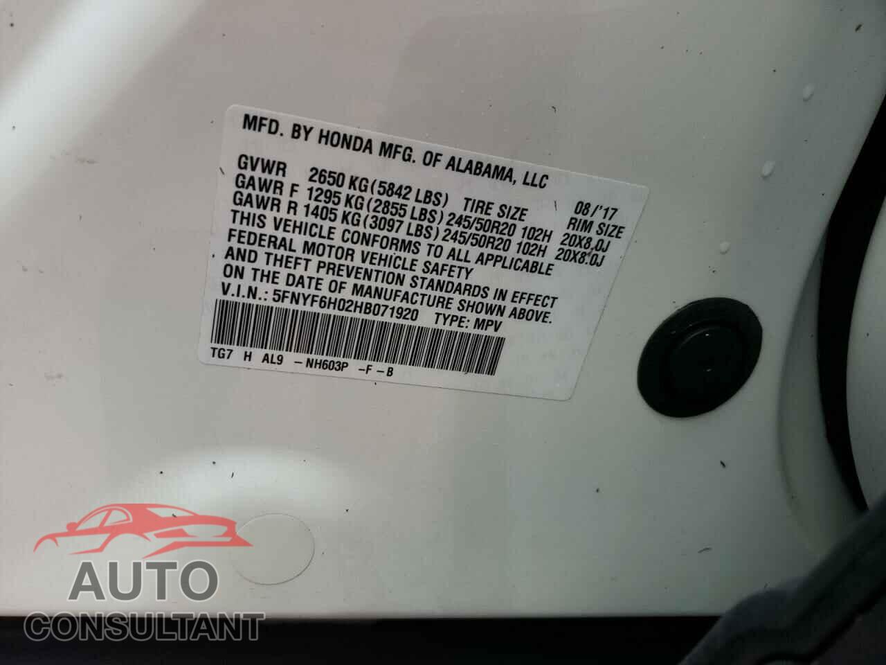 HONDA PILOT 2017 - 5FNYF6H02HB071920