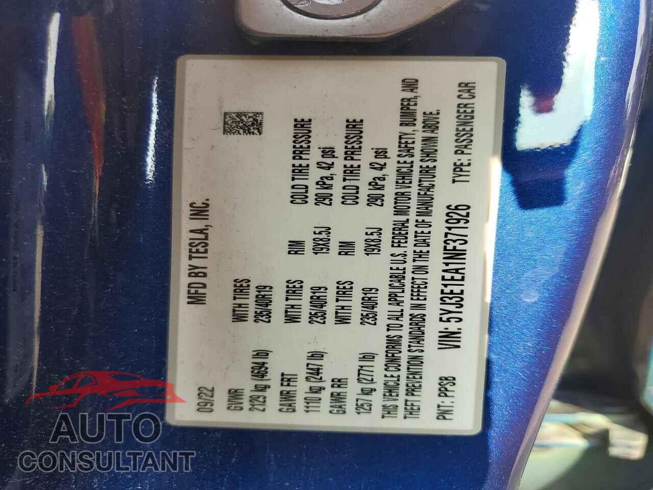 TESLA MODEL 3 2022 - 5YJ3E1EA1NF371926