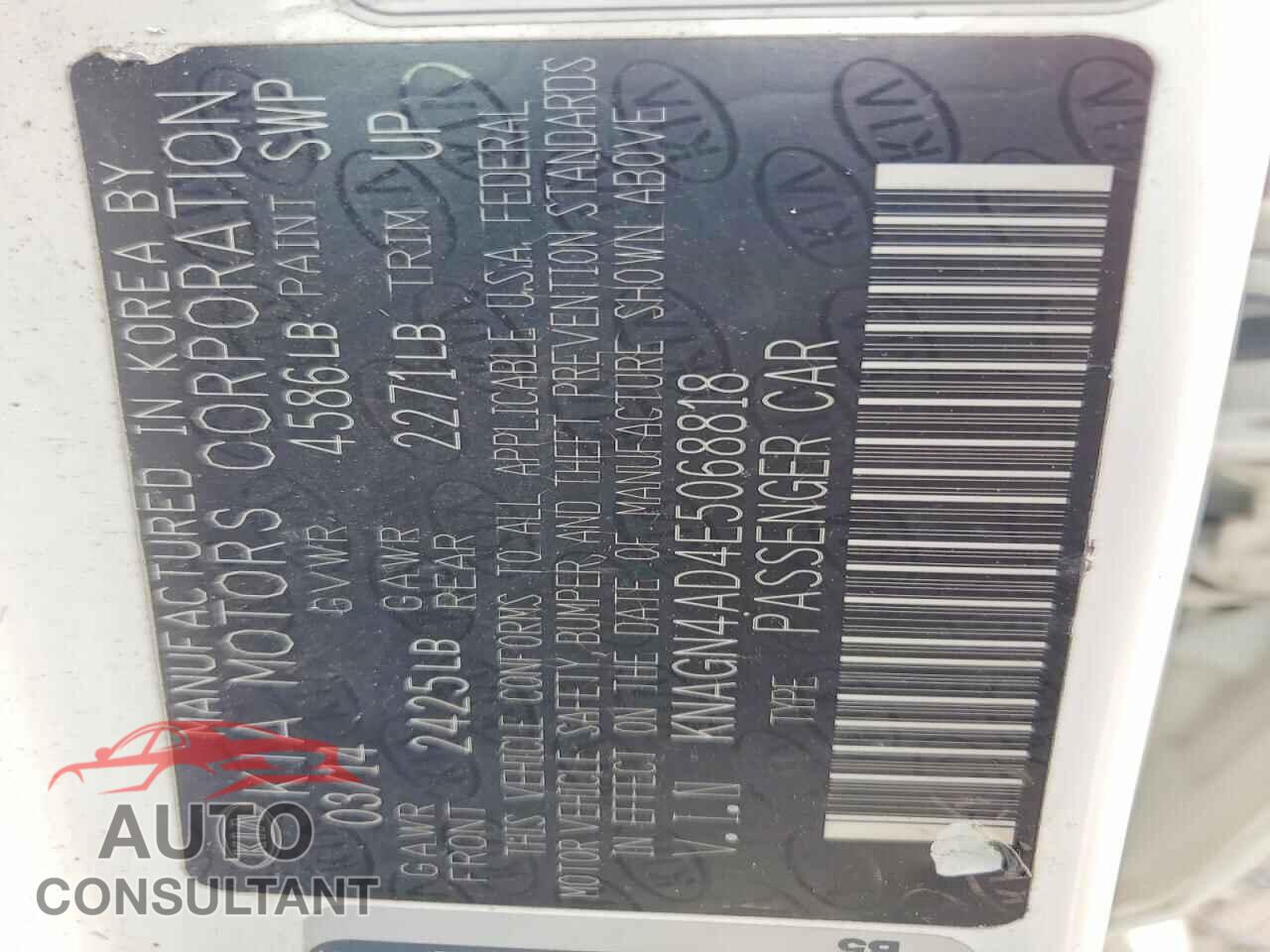 KIA OPTIMA 2014 - KNAGN4AD4E5068818