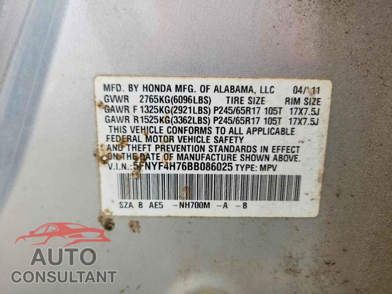 HONDA PILOT 2011 - 5FNYF4H76BB086025