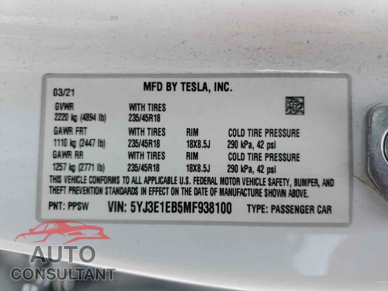 TESLA MODEL 3 2021 - 5YJ3E1EB5MF938100