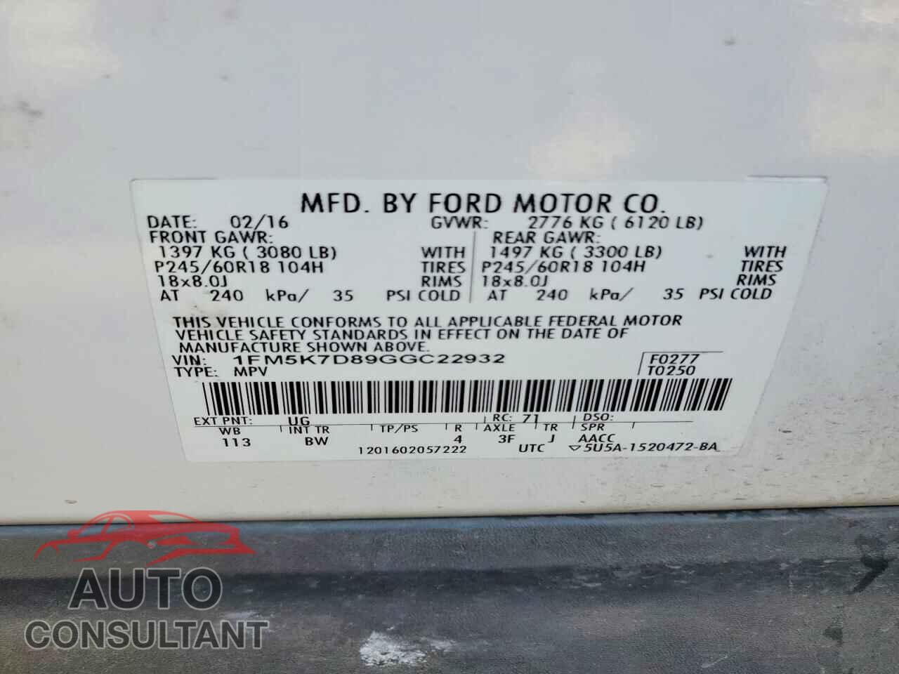FORD EXPLORER 2016 - 1FM5K7D89GGC22932