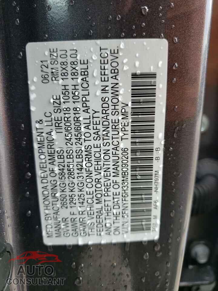 HONDA PILOT 2021 - 5FNYF6H33MB090206