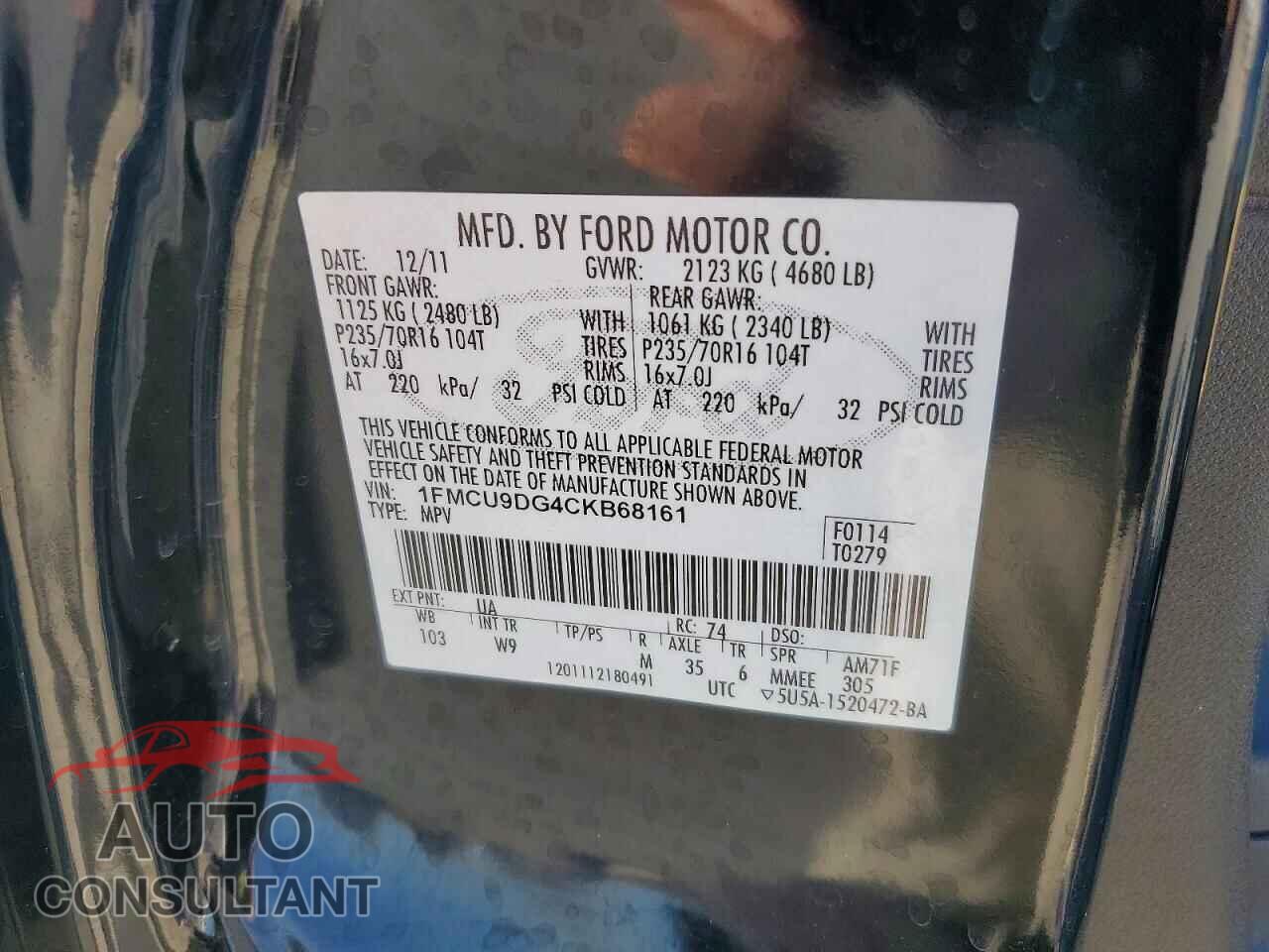 FORD ESCAPE 2012 - 1FMCU9DG4CKB68161
